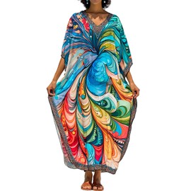 LikeJump Women's Long Kaftan Dress Kimono Beach Dresses Cardigan Pareo Bikini Cover Ups, A6, Multi-Colour, 5