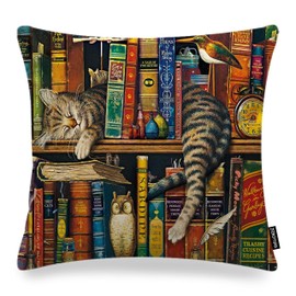 ZFENGYYUAN Bookshelf sleeping cat Decorative Cotton Linen Blend Throw Square Pillow Case Cushion Cover 18 x 18 Inches