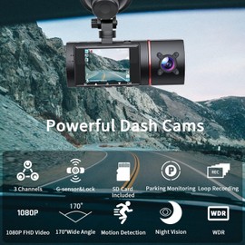 Dash Cam Front and Rear Inside 3 Channel Dashcam for Cars 1080P with SD Card, 3 Ways Triple Camera with IR Night Vision, G-sensor, Loop Recording, Parking Monitor