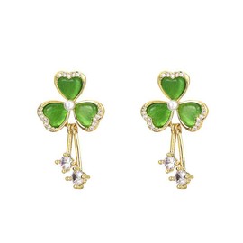 Elegant Cz Clover Leaf Statement Earrings for Women Gold Plated Sterling Silver Post Pin Pearl Cat Eye Stone Crystal Lucky 3-Leaf Flower Charms Dangle Drop Stud Holiday Carnival Cocktail Jewelry