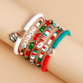 Locrccl Christmas Beaded Stretch Bracelets 6 Pcs Christmas Bracelets Set for Women Stackable Polymer Clay Disc Beaded Bracelets Snowflake Xmas Tree Reindeer Charms Bracelets Heishi Surfer Bracelet Beaded (Christmas Tree Pendant)
