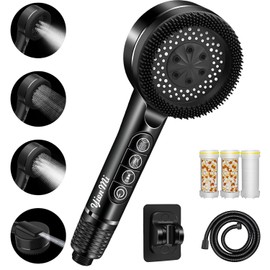Shower Head with Filter, High Pressure Hand Shower with Filtration in 8 Layers, 3+1 Jet Types Shower Head with Stop Function, with 1.5 m Shower Hose and Stand, for Hard Water/Bacteria/Residual