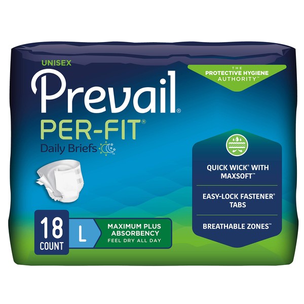 Prevail Per-Fit Incontinence Unisex Briefs with Tabs, Disposable Adult Diaper, Maximum Plus Absorbency, Large, 18 Count Bag
