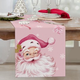 Bonhause Pink Santa Claus Christmas Table Runner 13x90 Inch Xmas Tree Candy Cane Seasonal Winter Holiday Kitchen Dining Table Decoration for Indoor Outdoor Home Party Decor