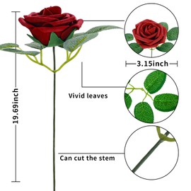 Isquene [25PCS] Deep Red Roses Artificial Flowers with Long Stem Real Touch Fake Foam Roses for Decoration DIY Wedding Bouquets Centerpieces Bridal Shower Flower Arrangements Home Decor
