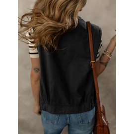 Dokotoo Womens Vest Outerwear Buttoned Collar Sleeveless Pockets Elastic Hem Solid Color Utility Cargo Vests 2024 Fall Jackets for Women Lightweight Spring Gilets Black Medium