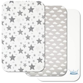 Next to Me Crib Sheets - 3pc Crib Sheets Set - 2 Fitted Cotton Sheets and 1 Waterproof Mattress Protector for Bedside Cribs - 100% Organic Cotton - Made in Europe (Grey Stars&Clouds, 83x50cm)