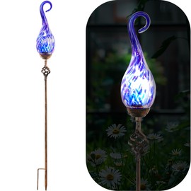 Naboher Garden Solar Lights, Decorative LED Pearlized Glass Spiral Garden Stake with Finial, Hand Blown Glass and Metal Outdoor Decoration, 3 x 36 Inch (Dark Blue)