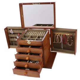 Changsuo Jewelry Box Organizer with Lock for Women Lockable Large Dresser Top Wooden Jewelry Storage Box (Cherry)