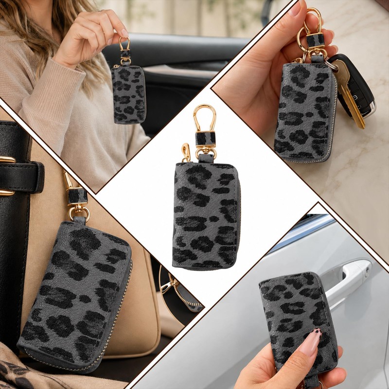 PU Leather Key Fob Holder Case,Leopard Print Car Key Case(Black)
