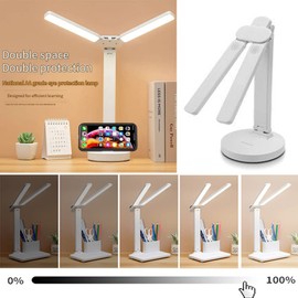 KISUFU Double Head LED Desk Lamp with Clock and Temperature Display, 3 Colour Temperatures, 3200 mAh Eye-Friendly Table Lamp with Pen Holder, Type-C Connection, Touch Control, for Home Office