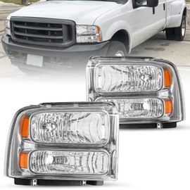 JSBOYAT Headlight Assembly Replacement for 99-04 Ford F250 F350 F450 F550 Super Duty 00-04 Ford Excursion Headlamp Driver & Passenger Side (Chrome Housing with Amber Reflector)