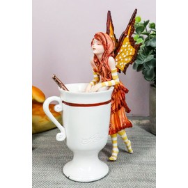 Ebros Gift Amy Brown Autumn Fall Season Holiday Apple Cider Pumpkin Spice Cinnamon Tea Fairy Collectible Figurine 6.25" Tall Tea Cup Fairy FAE Pixie Mini Garden DIY Dollhouse Collection Sculpture