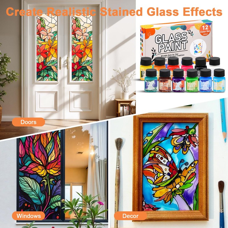 Glass Paints for Glass Painting,Transparent Glass Paint 30ml,12 Color