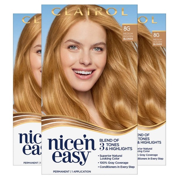 Clairol Nice'n Easy Permanent Hair Dye, 8G Medium Golden Blonde Hair Color, 3 Count