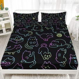 AILONEN Twin XL Size Cat Bed Sheet 3 Pieces Set, Cute Animals Bedding Set for Kids Boys Girls,Breathable Soft Gradient Line Cat Sheet Fitted Sheet and 2 Pillowcases