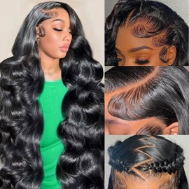 32 Inch 13x6 Body Wave Lace Front Wigs Human Hair 200 Density HD Lace Front Wigs Human Hair Pre Plucked Brazilian Human Wig Hair Wigs for Women Glueless Lace Frontal Wig Natural Black Body Wave Wig