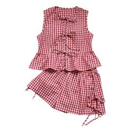 SOLY HUX Women's Plus Size 2 Piece Outfits Y2k Plaid Bow Tie Front Ruffle Hem Cute Tops and Shorts Set, Red and White Gingham, Large Plus