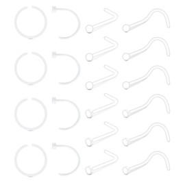Anicina 18G 20G Clear Nose Rings Studs for Work Clear Nose Piercing Hoop Plastic Nose Rings for Surgery Screw L Shaped Nose Studs Plastic Bioflex Flexible Nostril Piercing Retainer