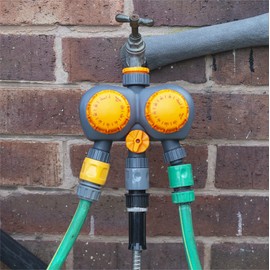 Double Head Mechanical Sprinkler Timer - 3 water outlets in total, 2 with timers and 1 without