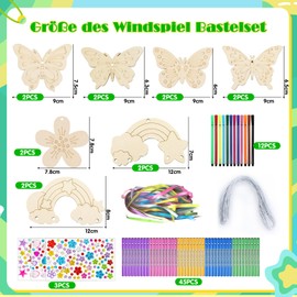 76 Pieces Wind Chime Craft Set Children, Rainbow Butterfly Craft Sets for Children, DIY Wooden Crafts, Children's Birthday Games with Watercolour Pen, Gemstone Stickers for Girls, Boys, Birthday Party