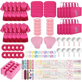 Hoemwarm 122 Pcs Kids Spa Party Favors Kit - Girls Satin Robes, Nail Salon & Tote Bags for Slumber, Birthday & Halloween Parties - Complete DIY Spa Set for 10 Guests