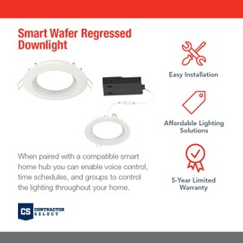 Juno WF4C REG TUWH MW M6 Smart LED Wafer Downlight, 2700K-5000K Tunable White, Dimmable, Zigbee or Bluetooth Connection, Use with Alexa, Google Home, SmartThings, Regressed, 4 Inch, Matte White