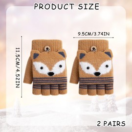 TUONYIS 2 Pairs Children's Half Finger Gloves Fingerless Mittens Girls Boys Cartoon Children Winter Mittens Kids Fingerless Finger Gloves with Flip Top for 3-9 Years, Brown, Pink