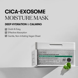 VT COSMETICS Cica-Exosome Moisture Mask 20 Sheets, Centella Asiatica & Hyaluronic Acid with Micro Exosomes for Deep Hydration & Calming, Biodegradable Vegan Sheets, Korean Face Mask (350 g)