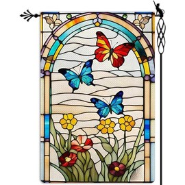 Summer Dragonfly Butterfly Bird Garden Flag Glass Style Flowers 12x18 Inch Double Sized Farmhouse Outside Decorations (A)