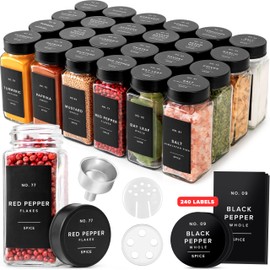 EDELHAUS Glass Spice Jars with Label and Stainless Steel Lids (24 x 4oz) Spice Containers with 240 Labels, Shaker Inserts, Steel Funnel, Empty Square Empty Square Seasoning Organizer (Black)
