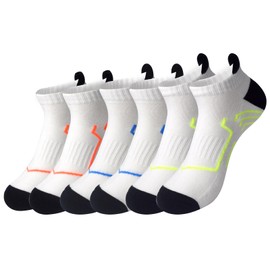 Ankle Socks Men Cushion Athletic Socks Cotton Running Socks Low Cut Sport Socks Pack 6 (White with Colored Lines, XL)