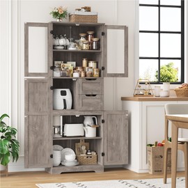 BOTLOG 67'' Tall Storage Cabinet, Bathroom Storage Cabinet with Glass Doors and Shelves, Kitchen Pantry Cabinet with 2 Drawers for Bathroom, Living Room, Kitchen, Rustic Grey