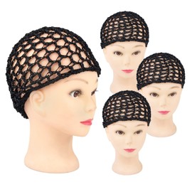 Framendino, 4 Pack Mesh Crochet Hair Net Rayon Knit Snoods Hat Thick Hairnet Snood Cover Ornament for Night Sleeping Hair Accessories (Black)