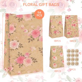 VGOODALL 54PCS Floral Gift Bags, Kraft Paper Treat Bags Lunch Bags Party Favor Bags with Stickers for Weddings Birthday Baby Shower Party Supplies