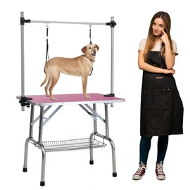 Fegherug Pet Dog Grooming Table, Stainless Steel Professional Pet Drying Table, Adjustable Height Shower Bathing Station Desk for Dogs Cats with Arm & Noose & Mesh Tray, Up to 330lbs, 36''/ Pink