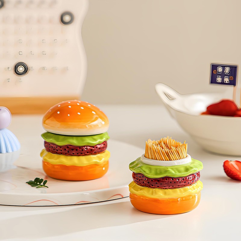 Lifelisa Cute Hamburger Toothpick Holder with Lid, Ceramic Toothpick Dispenser