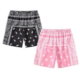 Eymitory Boy's 2 Pack Summer Boho Paisley Print Shorts Kids Drawstring High Waisted Graphic Bandana Shorts with Pockets