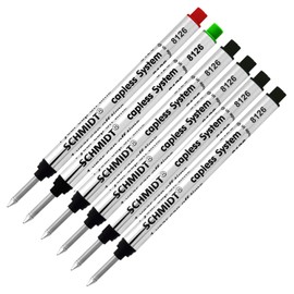 Pack of 6 - Schmidt 8126 Capless System Rollerball Refill Green(1), Red(1), Black(4) Fine Tip (0.6mm)