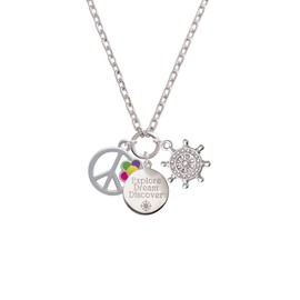 Delight Jewelry Silvertone Large Multicolored Daisy on Peace Sign Explore Dream Discover Zoey Charm Necklace, 28"
