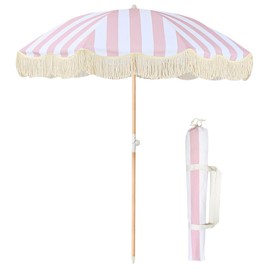 Boho Outdoor Umbrella with Tassels,6ft Table Umbrella Outdoor Patio with Knobs Tilt,Wind Resistant Portable Beach Umbrella UPF50+ Fringe Umbrellas For Pool Backyard Deck Garden (Pink Stripe)