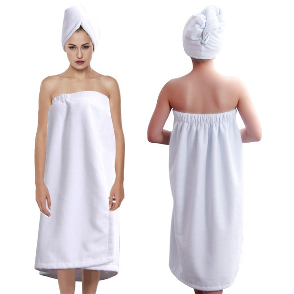 Wytino Bath Towels, Bath Robe Terry Towelling Ultra-Absorbent Hair Drying Turban Set with Microfibre Closure for Women (White)