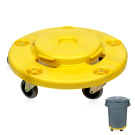 MaxWorks 50933 Round Trash Can High Visibility Yellow Dolly with 5 Swivel Casters 18 inch Dolly for 20 32 44 55 Gallon Containers Twist ON & OFF