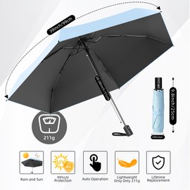 Trenovo Automatic Travel Mini Umbrella, Compact Folding Small Pocket Umbrellas for Purse Wallet, UV Sun Rain Protection, Lightweight Portable Design Fits in Backpack for Women Men Kids (Blue)