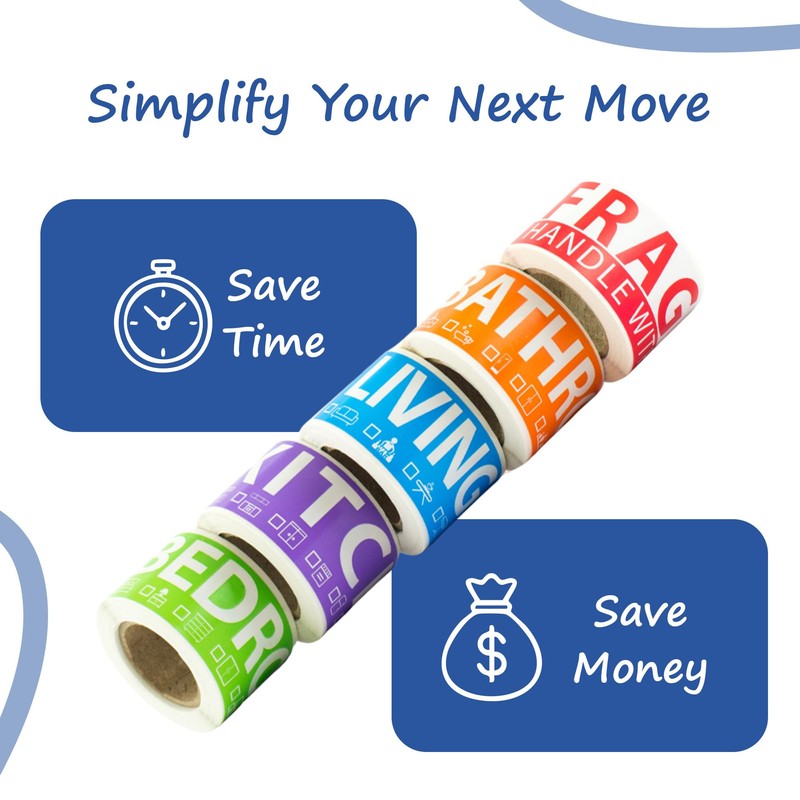 250 Home Moving Labels for 1 Bedroom — 5 Color-Coded