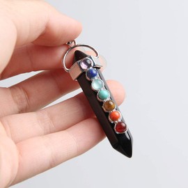 Acxico 1Pcs Black Tourmaline Protection 7 Chakra Pendant Real Crystal Gemstones Necklace