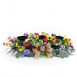 3-Pillar Black Metal Candle Holder with Silk Colorful Flowers, Spring Floral Centerpiece for Table Mantel Weddings Home Decor(Blue)
