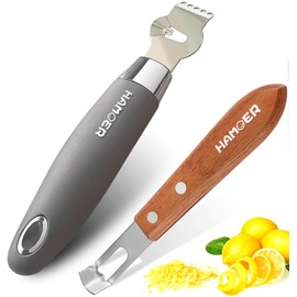 HAMOER Citrus Lemon Zester & Channel Knife Tool for Kitchen Bar, Stainless Steel Blade, Ergonomic Design, Wooden Handle & Rubber & Plastic Handle Set Tool