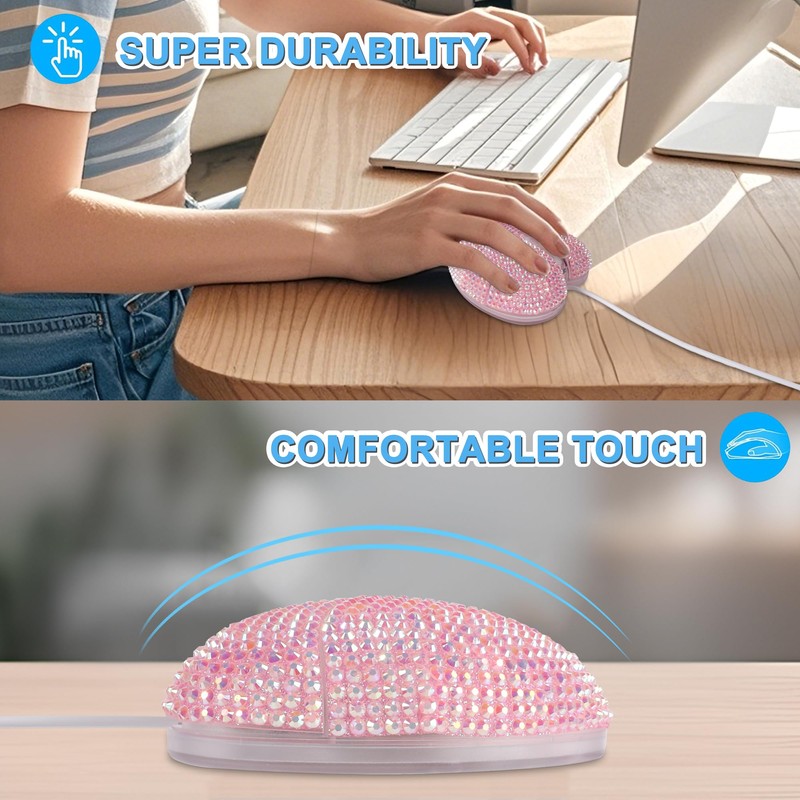 Wired Mouse Cute Bling Crystal Rhinestone Pink Heart Shape Computer