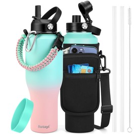 Rotayi 40oz Insulated Water Bottle with 2 Lids,Paracord Handle & Water Bottle Carrier Bag,Fits Any Car Cup Holders,Triple Wall Vacuum Stainless Steel Flask,Keeps Cold 48H & Hot 24H